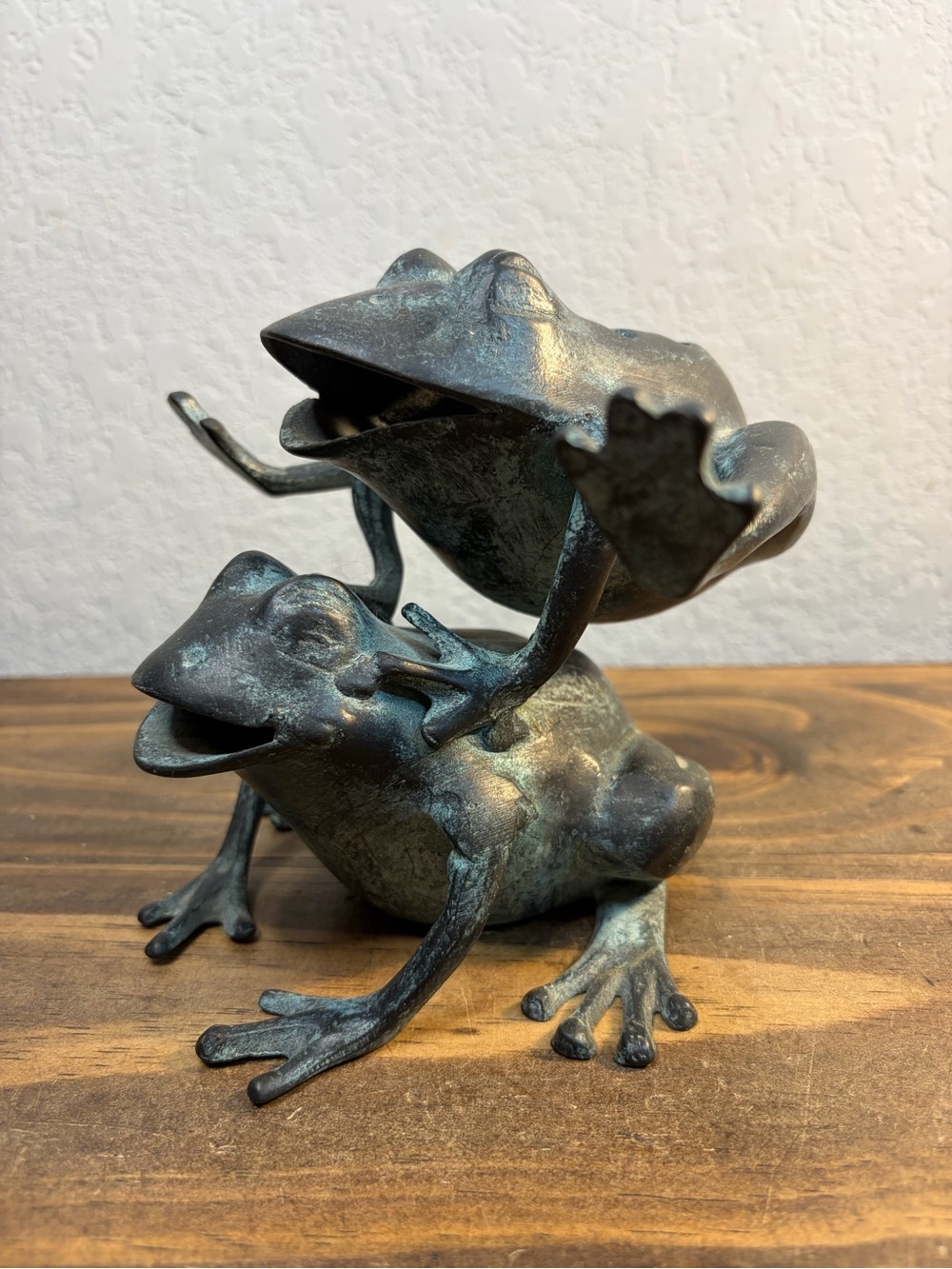 Vintage Bronze Frog Jumping Over Frog Garden Statute Metal Bronze Patina Used